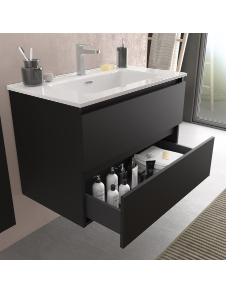 Mobiletto da bagno Bequia 60 cm nero opaco Lavabo in porcellana