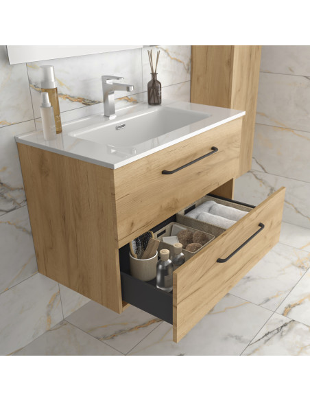 Mobile bagno Morai 100 cm in rovere con maniglia nera  Lavabo in porcellana