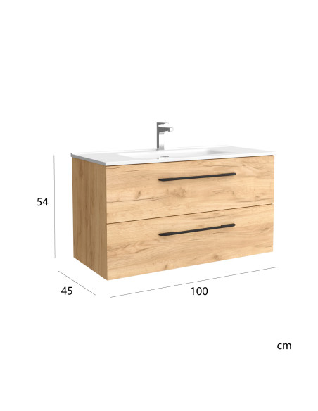 Mobile bagno Morai 100 cm in rovere con maniglia nera  Lavabo in porcellana