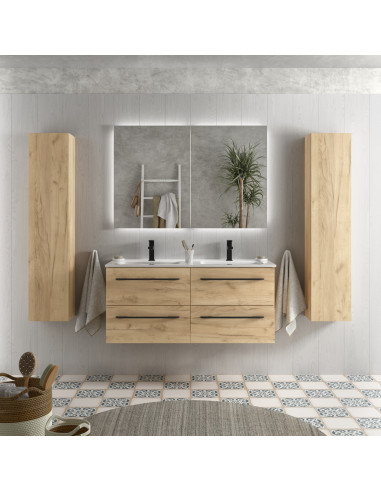 Mobile bagno Morai 120 cm in rovere con maniglia nera  Lavabo in porcellana