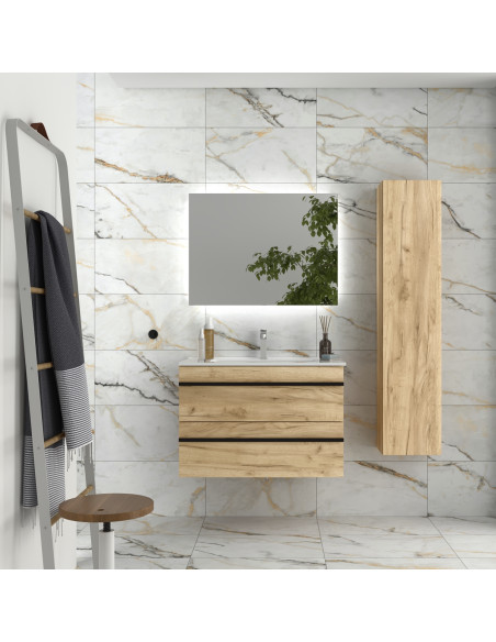 Mobile bagno serie BORN, 80 cm rovere con profilo maniglia  Lavabo in porcellana