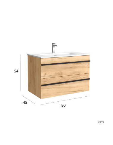 Mobile bagno serie BORN, 80 cm rovere con profilo maniglia  Lavabo in porcellana