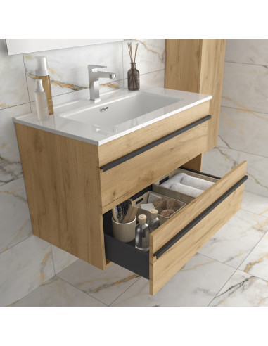 Mobile da bagno serie BORN, 100 cm rovere con profilo maniglia  Lavabo in porcellana