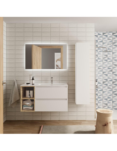 Mobile da bagno Bequia Plus 90 cm 2 cassetti Bianco opaco e mobiletto sinistro 2 vani Rovere con lavabo integrato
