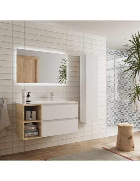 Mobile da bagno Bequia Plus 90 cm 2 cassetti Bianco opaco e mobiletto sinistro 2 vani Rovere con lavabo integrato