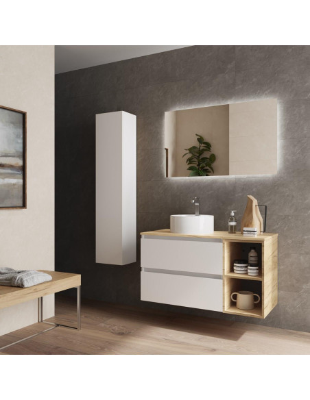 Mobile da bagno Bequia Plus 90 cm 2 cassetti Bianco opaco e Rovere 2 fori con lavabo da appoggio