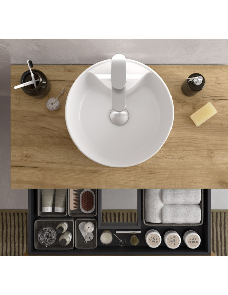Mobile da bagno Bequia Plus 90 cm 2 cassetti Bianco opaco e Rovere 2 fori con lavabo da appoggio