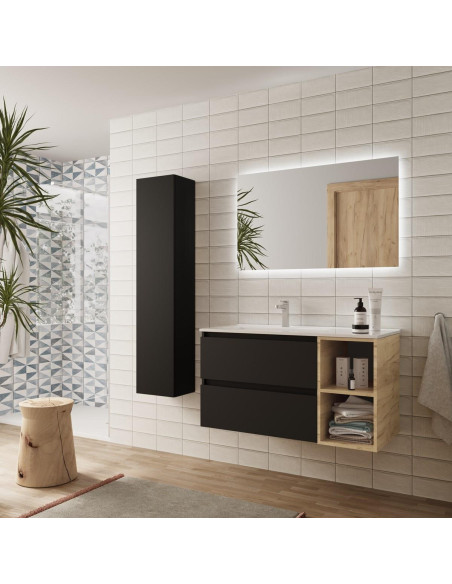 Mobile da bagno Bequia Plus 100 cm 2 cassetti Nero opaco e mobiletto destro 2 vani Rovere con lavabo integrato