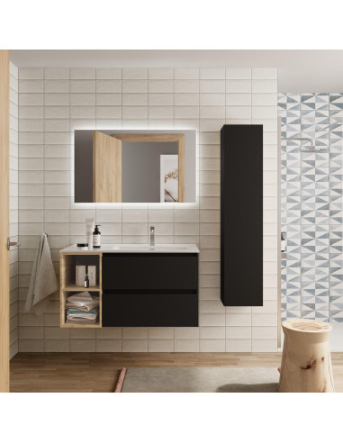 Mobile da bagno Bequia Plus 100 cm 2 cassetti Nero opaco e mobiletto sinistro 2 vani Rovere con lavabo integrato