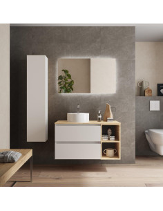 Mobile da bagno Bequia Plus 100 cm 2 cassetti Bianco opaco e Rovere 2 fori con lavabo da appoggio