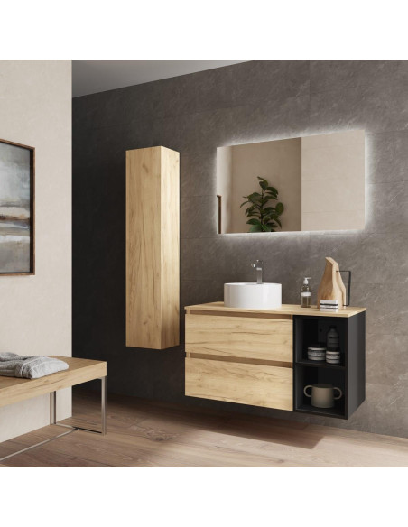 Mobile da bagno Bequia Plus 100 cm 2 cassetti Rovere e 2 scomparti Nero opaco con lavabo da appoggio