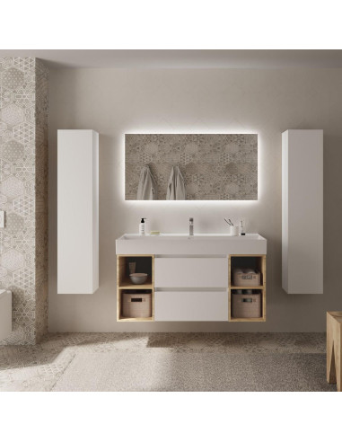 Mobile da bagno Bequia Plus 120 cm 2 cassetti Bianco opaco e 2 mobili laterali 2 fori in rovere con lavabo in porcellana