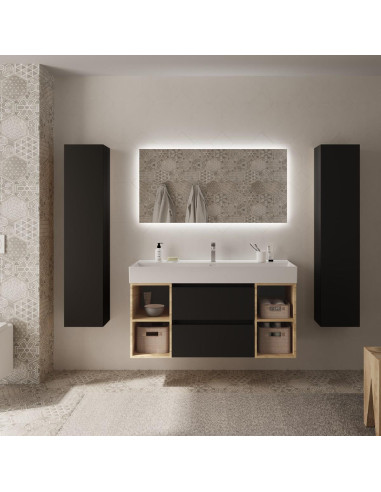 Mobile da bagno Bequia Plus 120 cm 2 cassetti Nero opaco e 2 mobili laterali 2 fori in rovere con lavabo in porcellana