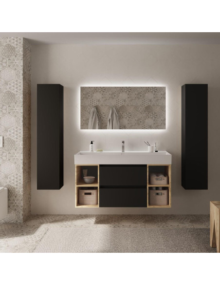 Mobile da bagno Bequia Plus 120 cm 2 cassetti Nero opaco e 2 mobili laterali 2 fori in rovere con lavabo in porcellana