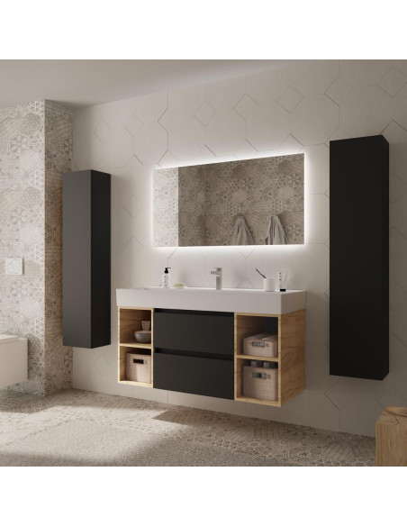 Mobile da bagno Bequia Plus 120 cm 2 cassetti Nero opaco e 2 mobili laterali 2 fori in rovere con lavabo in porcellana