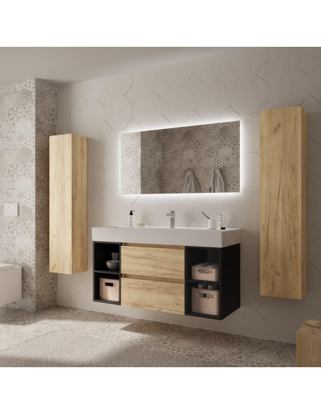 Mobile da bagno Bequia Plus 120 cm 2 cassetti in rovere e 2 mobili laterali 2 vani neri opachi con lavabo in porcellana
