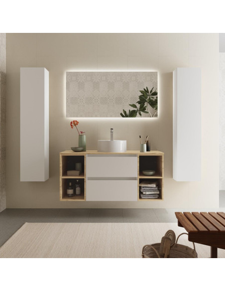 Mobile da bagno Bequia Plus 120 cm 2 cassetti Bianco opaco e 2 mobili laterali 2 fori Rovere con lavabo da appoggio