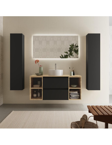 Mobile da bagno Bequia Plus 120 cm 2 cassetti Nero opaco e 2 mobili laterali 2 fori Rovere con lavabo da appoggio