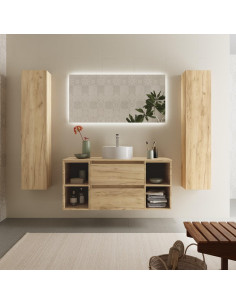 Mobile da bagno Bequia Plus 120 cm 2 cassetti e 2 mobili laterali 2 fori Rovere con lavabo da appoggio