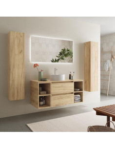 Mobile da bagno Bequia Plus 120 cm 2 cassetti e 2 mobili laterali 2 fori Rovere con lavabo da appoggio 2