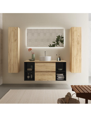 Mobile da bagno Bequia Plus 120 cm 2 cassetti in rovere e 2 mobili laterali 2 vani nero opaco con lavabo da appoggio