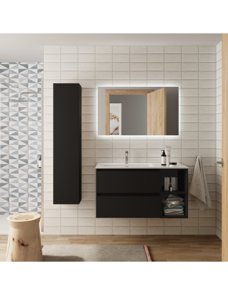 Mobile bagno Bequia 90 cm + mobile lavabo destro a 2 fori + lavabo in ceramica  Nero opaco  90x45x56