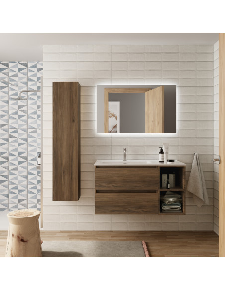 Mobile bagno Bequia 90 cm + mobile lavabo destro a 2 fori + lavabo in ceramica  Noce  90x45x56