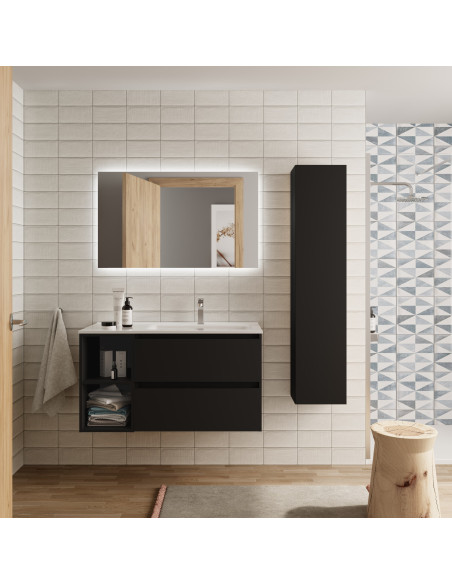 Mobile bagno Bequia 90 cm + mobile lavabo a 2 fori a sinistra + lavabo in ceramica  Nero opaco  90x45x56 cm