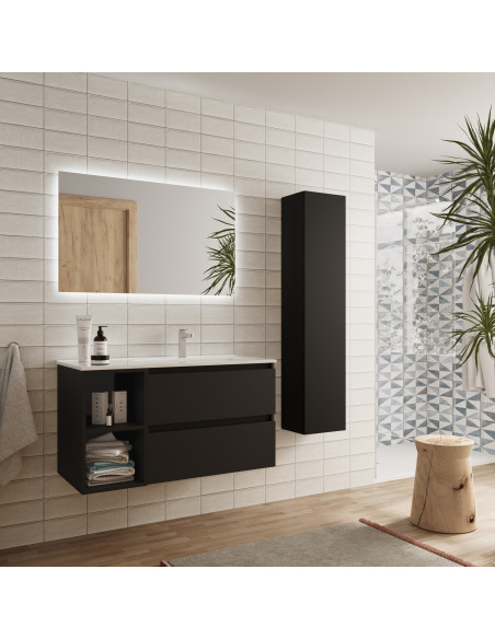 Mobile bagno Bequia 90 cm + mobile lavabo a 2 fori a sinistra + lavabo in ceramica  Nero opaco  90x45x56 cm