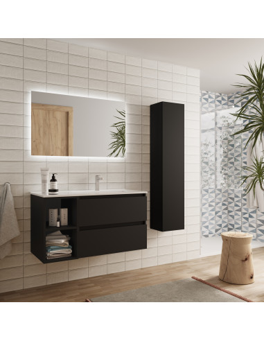 Mobile bagno Bequia 100 cm + mobile lavabo 2 fori a sinistra + lavabo in ceramica  Nero opaco  100x45x56
