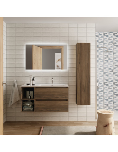 Mobile bagno Bequia 100 cm + mobile lavabo a 2 fori a sinistra + lavabo in ceramica  Noce  100x45x56 cm