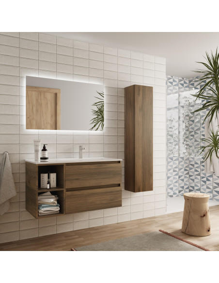 Mobile bagno Bequia 100 cm + mobile lavabo a 2 fori a sinistra + lavabo in ceramica  Noce  100x45x56 cm