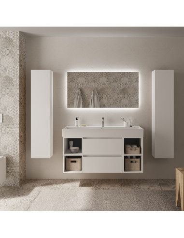 Mobile bagno Bequia 120 cm + mobile lavabo centrale a 2 fori + lavabo in ceramica  Bianco opaco  120x45x66 cm