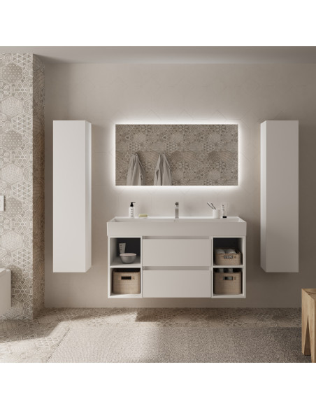 Mobile bagno Bequia 120 cm + mobile lavabo centrale a 2 fori + lavabo in ceramica  Bianco opaco  120x45x66 cm