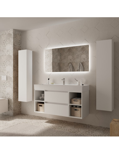 Mobile bagno Bequia 120 cm + mobile lavabo centrale a 2 fori + lavabo in ceramica  Bianco opaco  120x45x66 cm