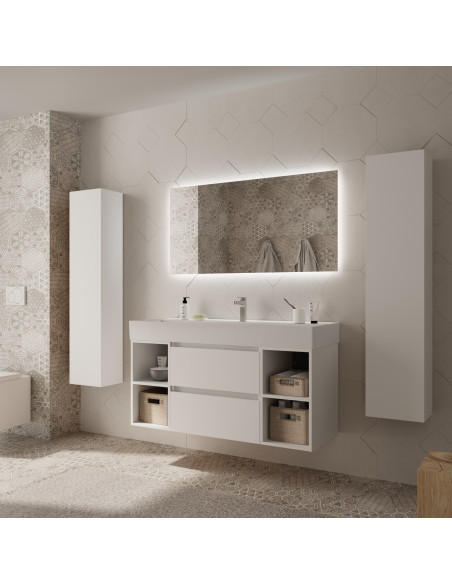 Mobile bagno Bequia 120 cm + mobile lavabo centrale a 2 fori + lavabo in ceramica  Bianco opaco  120x45x66 cm