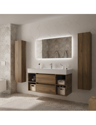 Mobile bagno Bequia 120 cm + mobile lavabo centrale a 2 fori + lavabo in ceramica Noce  120x45x66
