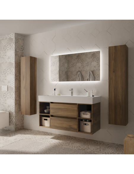 Mobile bagno Bequia 120 cm + mobile lavabo centrale a 2 fori + lavabo in ceramica Noce  120x45x66