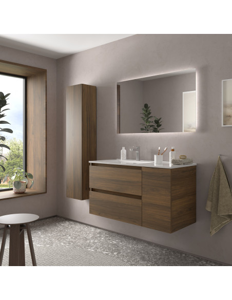Mobile bagno Bequia 90 cm + mobiletto singolo con anta destra + lavabo in ceramica  Noce  90x45x56