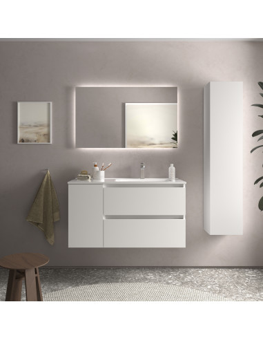Mobile bagno Bequia 90 cm + 1 mobile lavabo con anta sinistra + lavabo in ceramica  Bianco opaco  90x45x56
