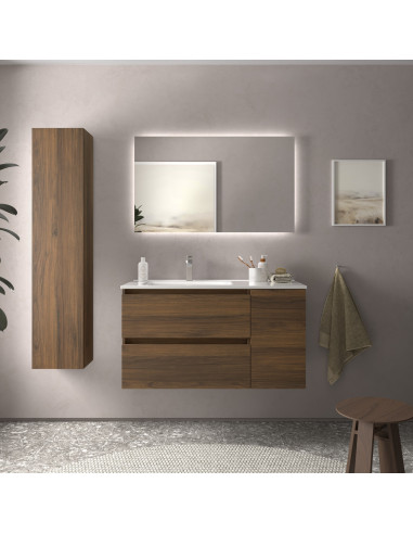 Mobile bagno Bequia 100 cm + mobiletto singolo con anta destra + lavabo in ceramica  Noce  100x45x56