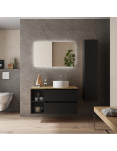 Mobile bagno Bequia 90 cm + mobiletto laterale reversibile a 2 fori + piano d'appoggio + lavabo Posar  Nero opaco  90x45x56