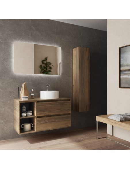 Mobile bagno Bequia 90 cm + mobiletto laterale reversibile a 2 fori + piano d'appoggio + lavabo Posar  Noce  90x45x56