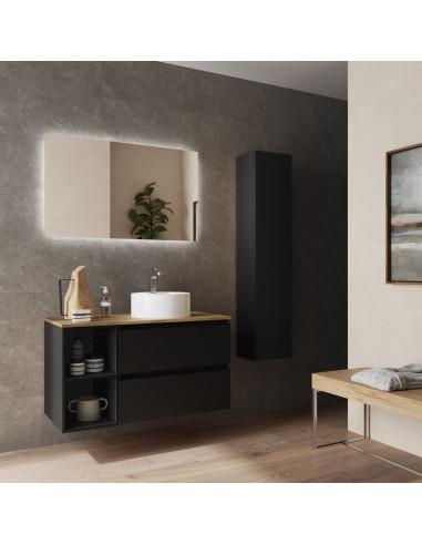 Mobile bagno Bequia 100 cm + mobile lavabo a 2 vani, lato reversibile + piano d'appoggio + lavabo  Nero opaco  100x45x56