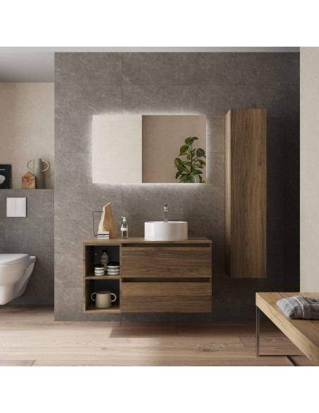Mobile bagno Bequia 100 cm + mobile lavabo a 2 vani, lato reversibile + piano d'appoggio + lavabo Posar  Noce  100x45x56