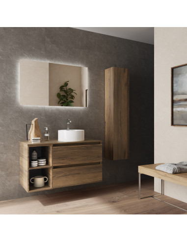 Mobile bagno Bequia 100 cm + mobile lavabo a 2 vani, lato reversibile + piano d'appoggio + lavabo Posar  Noce  100x45x56