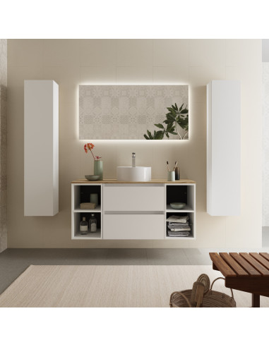Mobile bagno Bequia 120 cm + mobile lavabo centrale a 2 vani + piano d'appoggio + lavabo  Bianco opaco  120x45x56
