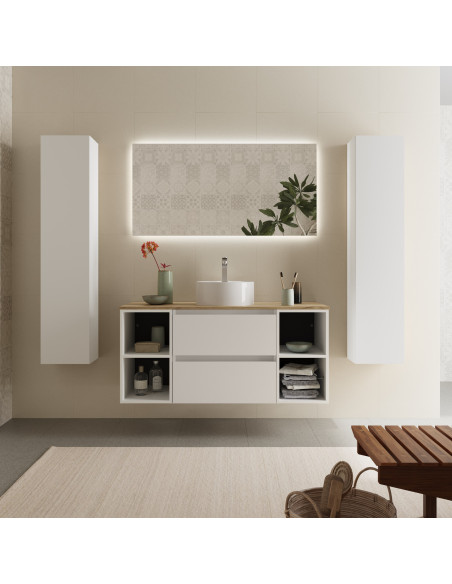 Mobile bagno Bequia 120 cm + mobile lavabo centrale a 2 vani + piano d'appoggio + lavabo  Bianco opaco  120x45x56