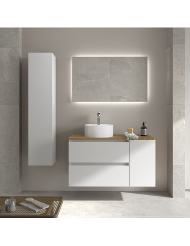 Mobile bagno Bequia 100 cm + 1 mobiletto con anta laterale reversibile + piano d'appoggio + lavabo Posar Bianco opaco  100x45x56