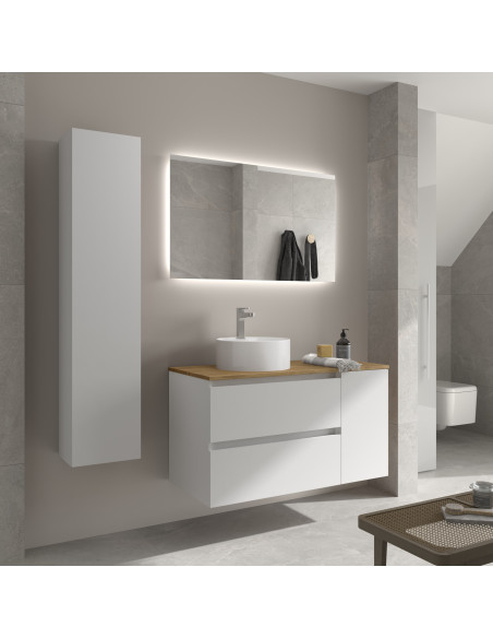 Mobile bagno Bequia 100 cm + 1 mobiletto con anta laterale reversibile + piano d'appoggio + lavabo Posar Bianco opaco  100x45x56